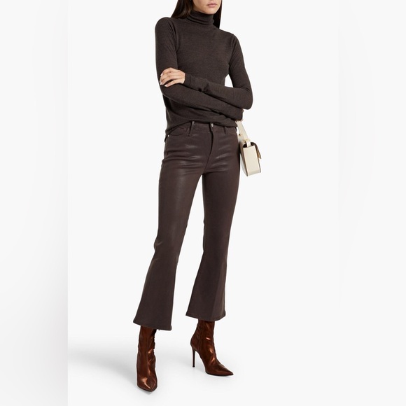 FRAME Le Crop Coated High Rise Flared Jean in Dark Brown...